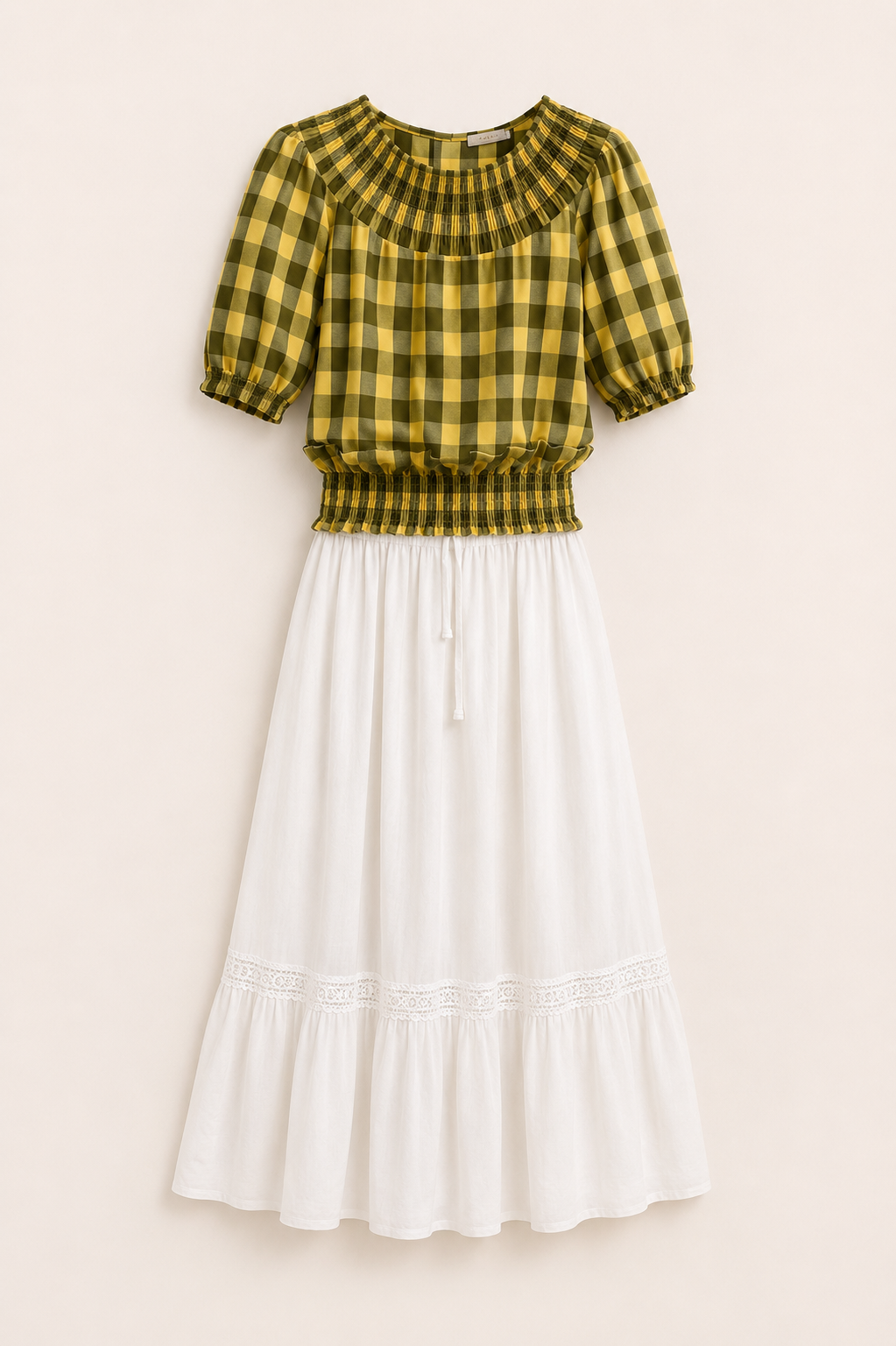 CONJUNTO  CUADROS VERDE/ AMARILLO - FALDA BLANCA