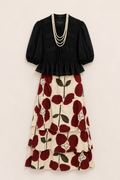 CONJUNTO TOP NEGRO - FALDA ESTAMPADO FLORES